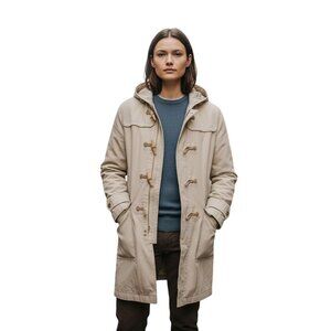 J. Peterman Cotton Linen Duffle Coat Snap Button Hook Closure Pockets Size M